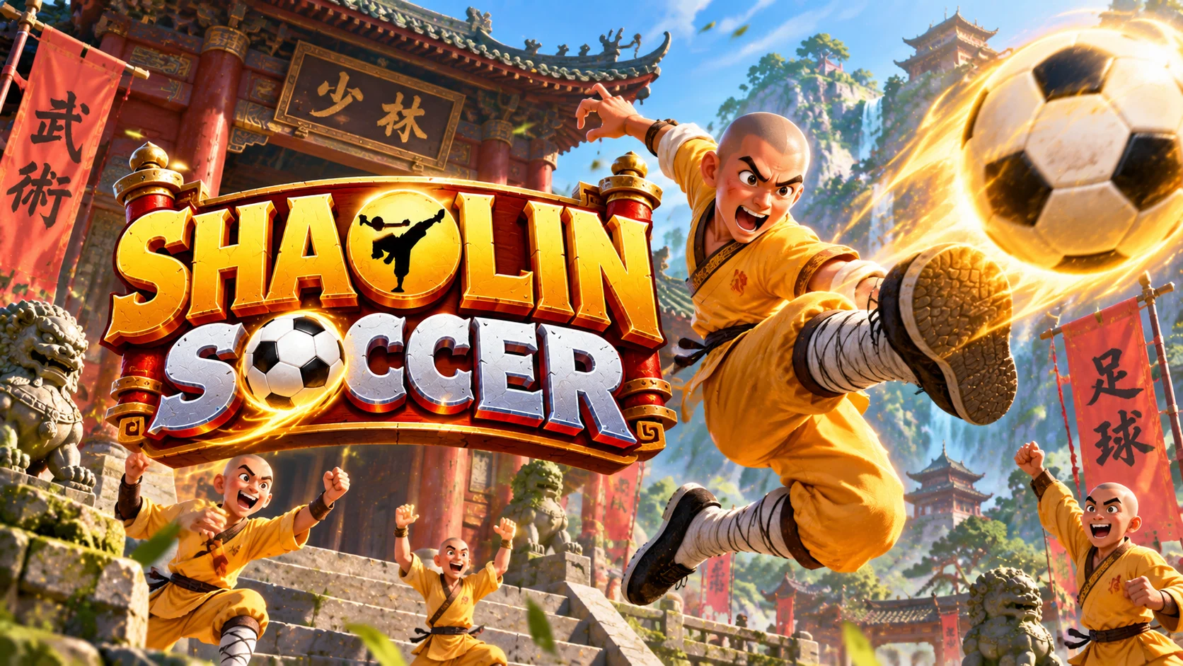 Biểu trưng đội bóng QQVN SHAOLIN SOCCER với cầu thủ và quả bóng